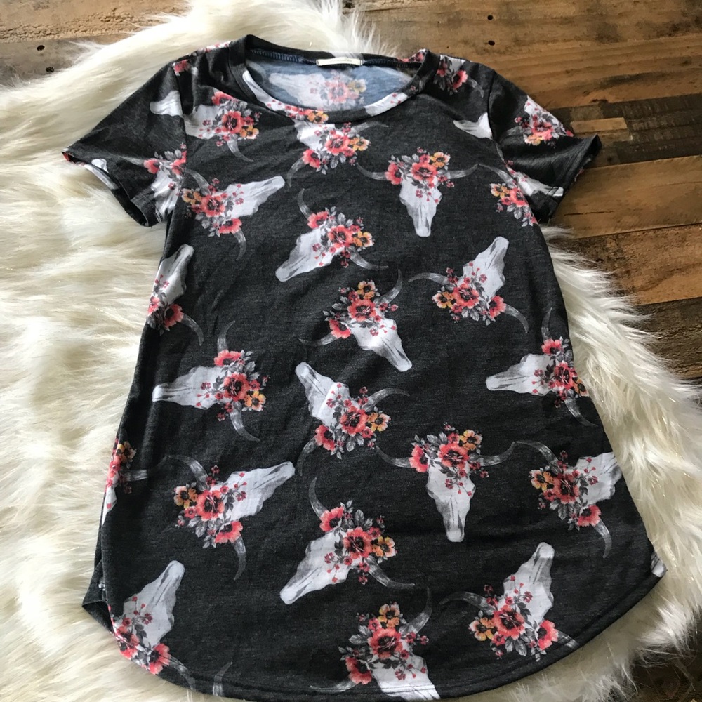 12PM by Mon Ami USA Floral Bull Head Skull T-SHIRT